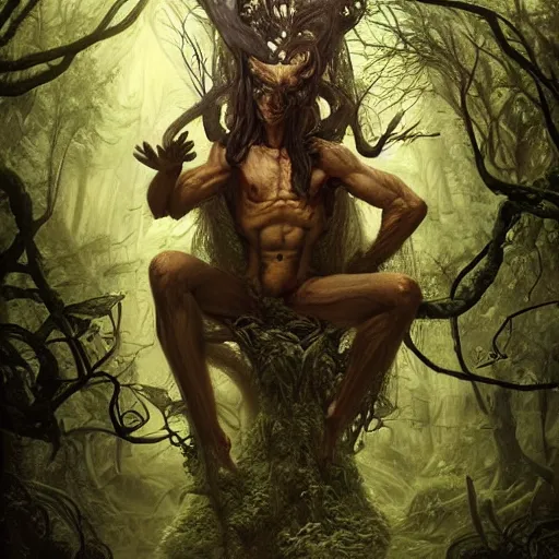 Image similar to a satyr sitting on a throne in an ominous forest by bastien lecouffe - deharme, ken kelly, artgerm and karol bak, unreal engine, dynamic lighting, fog, glowing eyes, illustration, vines, thorns, god rays, mysterious