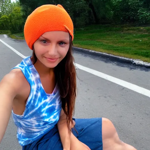 Prompt: girl lounging in a convertible car wearing an orange beanie and a grey tie-dye sleeveless shirt, selfie, faint smile