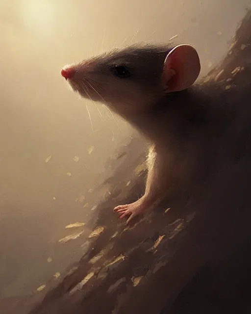 Image similar to a small mouse looking upwards, viewed from behind, digital portrait by greg rutkowski, fantasy art, concept art, by disney concept artists, cinematic lighting, evening light, trending on artstation, cgsociety
