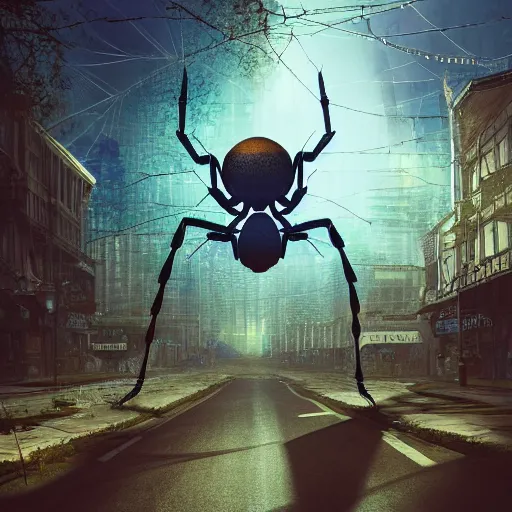 Image similar to a beautiful high - quality photo of a humongous spider walking through a solarpunk city, roads, pavements, trees, cosmic horror, unknowable, volumetric lighting, hyperrealistic, very detailed, 8 k