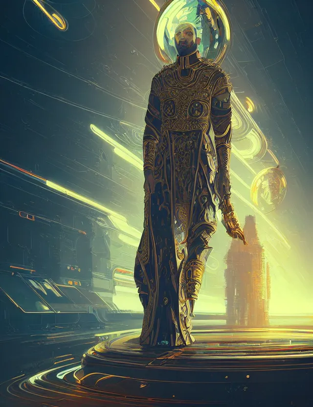 Prompt: futuristic priest, reflective chrome armor, super intricate gold ornaments artwork by tooth wu and wlop and alena aenami and greg rutkowski