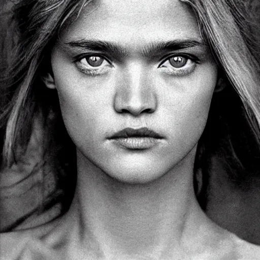 Prompt: Photograph closeup portrait of Natalia Vodianova beautiful symmetric face, by Steve McCurry