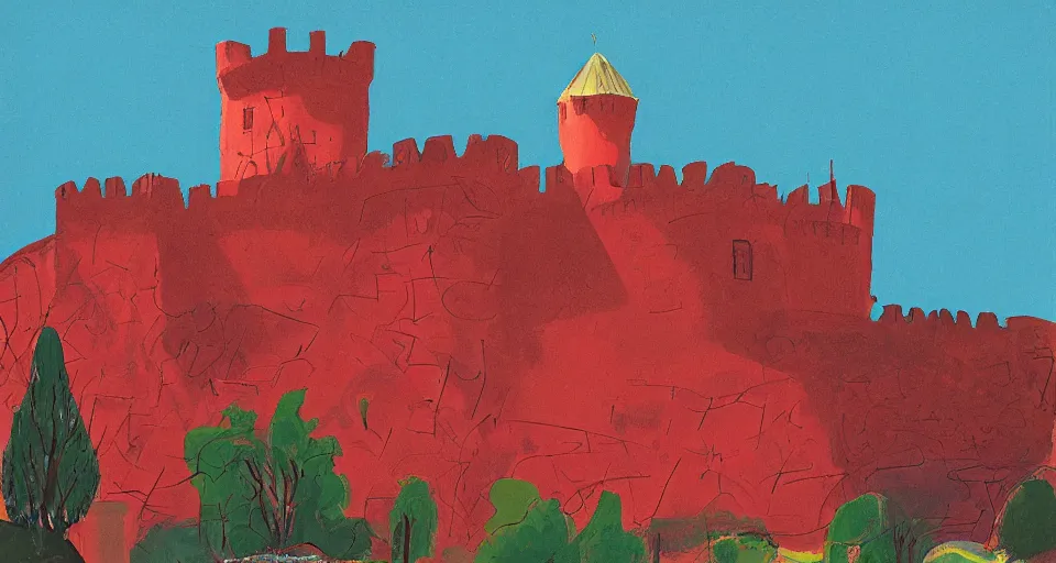 Image similar to color sketch of denia castle, highly detailed, dramatic lighting, intense shadows, rich deep colours, by david hockney