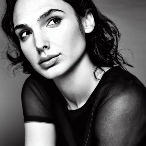 Image similar to photo of Gal Gadot by Diane Arbus, extreme closeup, black and white, high contrast, macro lens