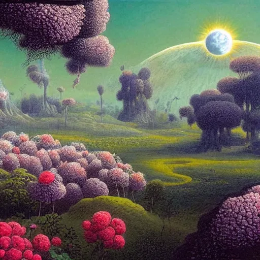 Image similar to a landscape on the moon with many craters, barren moon landscape, in a big crater at the center there is a beautiful flowering garden, 8 k, lowbrow in the style of martin johnson heade and daniel merriam and roger dean,