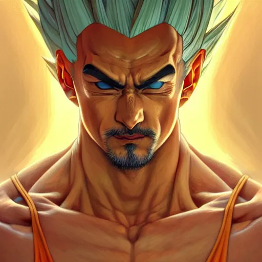 Image similar to symmetry!! intense portrait of sangoku ssj, intricate, elegant, highly detailed, my rendition, digital painting, artstation, concept art, smooth, sharp focus, illustration, art by artgerm and greg rutkowski and alphonse mucha