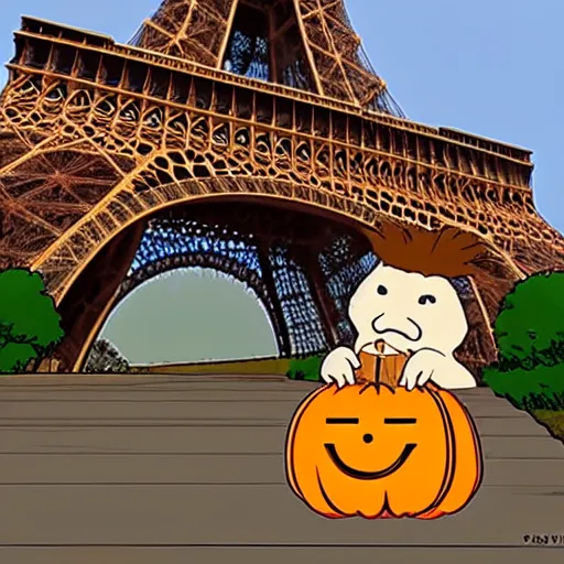 Image similar to capybara, akira style, wearing a headband, eating a pumpkin on top of the eiffel tower