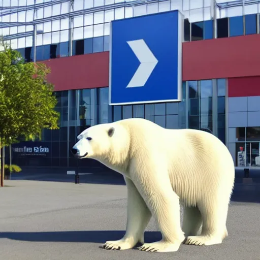 Prompt: polar bear, with a fancy vest, standing outside of ikea, photograph, realistic