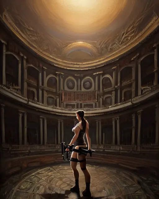 Image similar to lara croft exploring an italian opera house as she hides from numerous musclebound male goons patrolling the area, by wlop, greg rutkowski and peter mohrbacher, extremely detailed shading, concept art, digital painting, trending on artstation, unreal engine 5, octane render, atmosphere, lens flare, glow, cinematic lighting, full of color