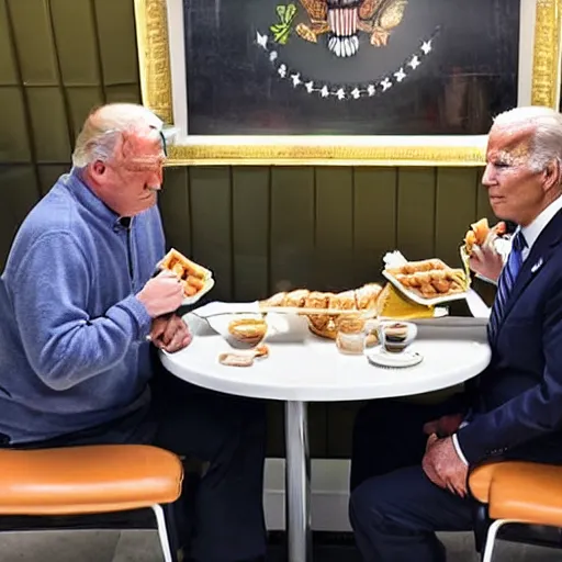 Prompt: photograph of trump and Biden sitting and eating breakfast at a Wafflehouse