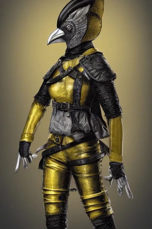 Prompt: female adventurer in tight full - body canary yellow gambeson leather armor of italian design with diamond pattern and black accents and a white porcelain crow mask, trending in artstation, establishing shot