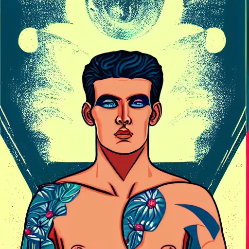 Prompt: a portrait of tattooed the beautiful greek god adonis, in retro colors, synthwave style, 2 d digital vector art