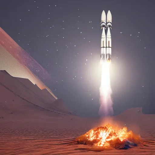 Image similar to a rocket blasting off into space, octane render, highly detailed, highly intricate, sense of scale and awe, highly detailed fire, smoke, ue 5, hyper - realistic, desert