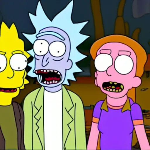 Image similar to rick and morty in the style of simpsons
