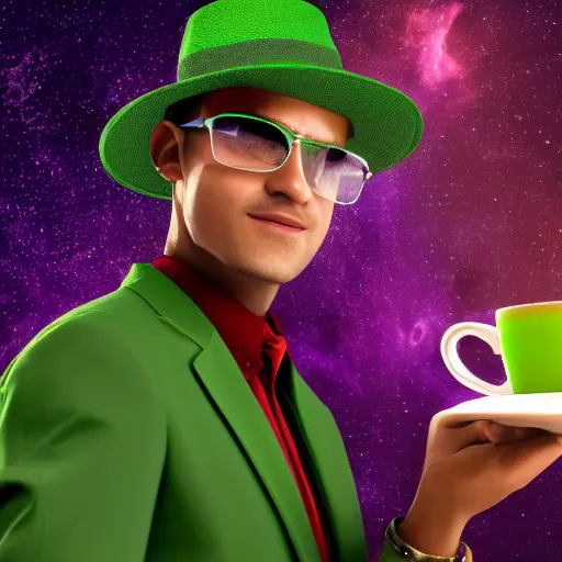 Prompt: man in green suit, with green hat, drinking tea, purple undershirt, Wearing Shades, Galaxy background, highly detailed, octane render