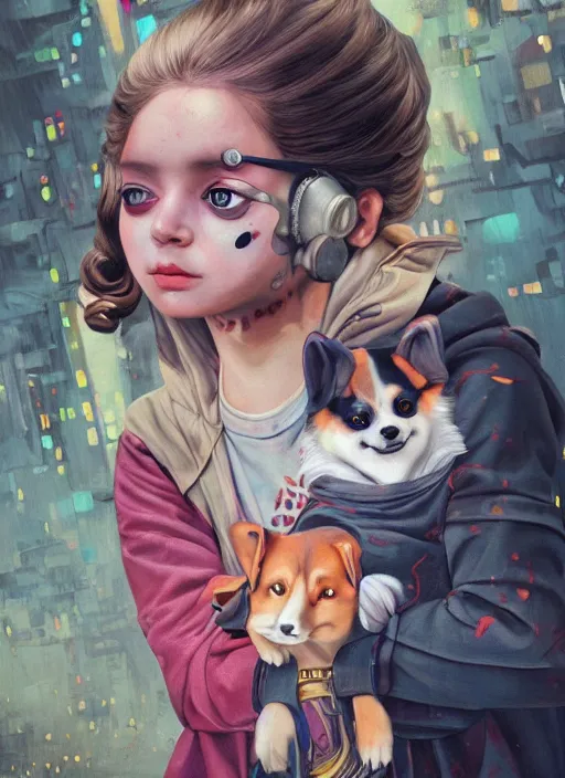 Prompt: beautiful portrait painting of an excited Russian lofi cyberpunk princess girl and her corgi assassin king, by Afarin Sajedi, Alessandro Barbucci, Alex Gross, WLOP, Shohei Otomo, Josan Gonzalez, Kieron Gillen. trending on Artstation, 8k, masterpiece, face enhance, graffiti paint, fine detail, full of color, intricate detail, golden ratio illustration