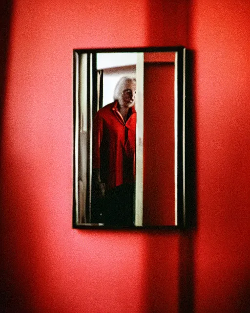 Image similar to photography from 7 0 s, mirror in red room interior in golden hour, soft light, no focus, in style of street photography from 1 9 7 0