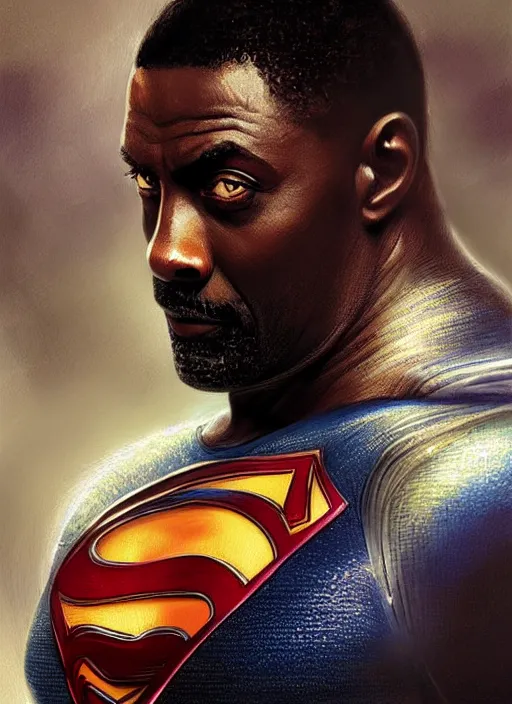 Prompt: Idris Elba as Superman, fantasy, intricate, elegant, highly detailed, digital painting, artstation, concept art, smooth, sharp focus, illustration, art by artgerm and greg rutkowski and alphonse mucha