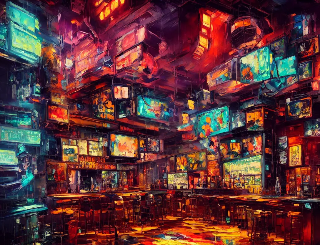 Prompt: highly detailed expressionist oil painting of cyberpunk bar, neon glow, expressive, impasto, pastel shades, rough canvas textured, dynamic pose, top lighting, loose brush strokes, perfect face, hyper detailed face, digital painting, artstation, concept art, hyper detailed eyes, art by sam spratt and peter mohrbacher and james jean