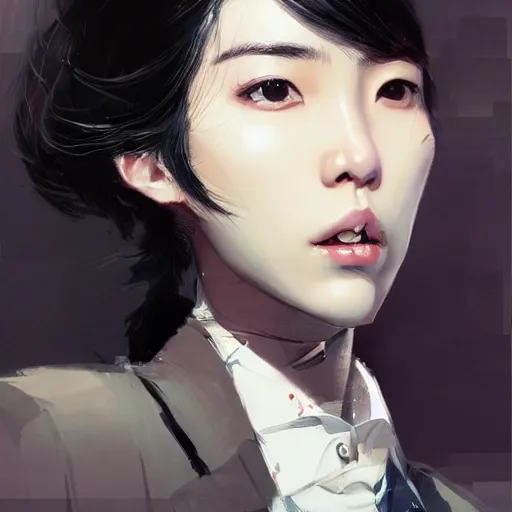 Image similar to portrait of a beautiful korean girl wearing a men's tuxedo, with bangs, very long hair and bangs, angular features, angry expression, dramatic lighting, illustration by Greg rutkowski, yoji shinkawa, 4k, digital art, concept art, trending on artstation