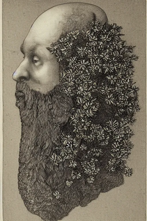 Prompt: a man's face in profile, long beard, made of flowers and fruit, in the style of the Dutch masters and Gregory crewdson, dark and moody