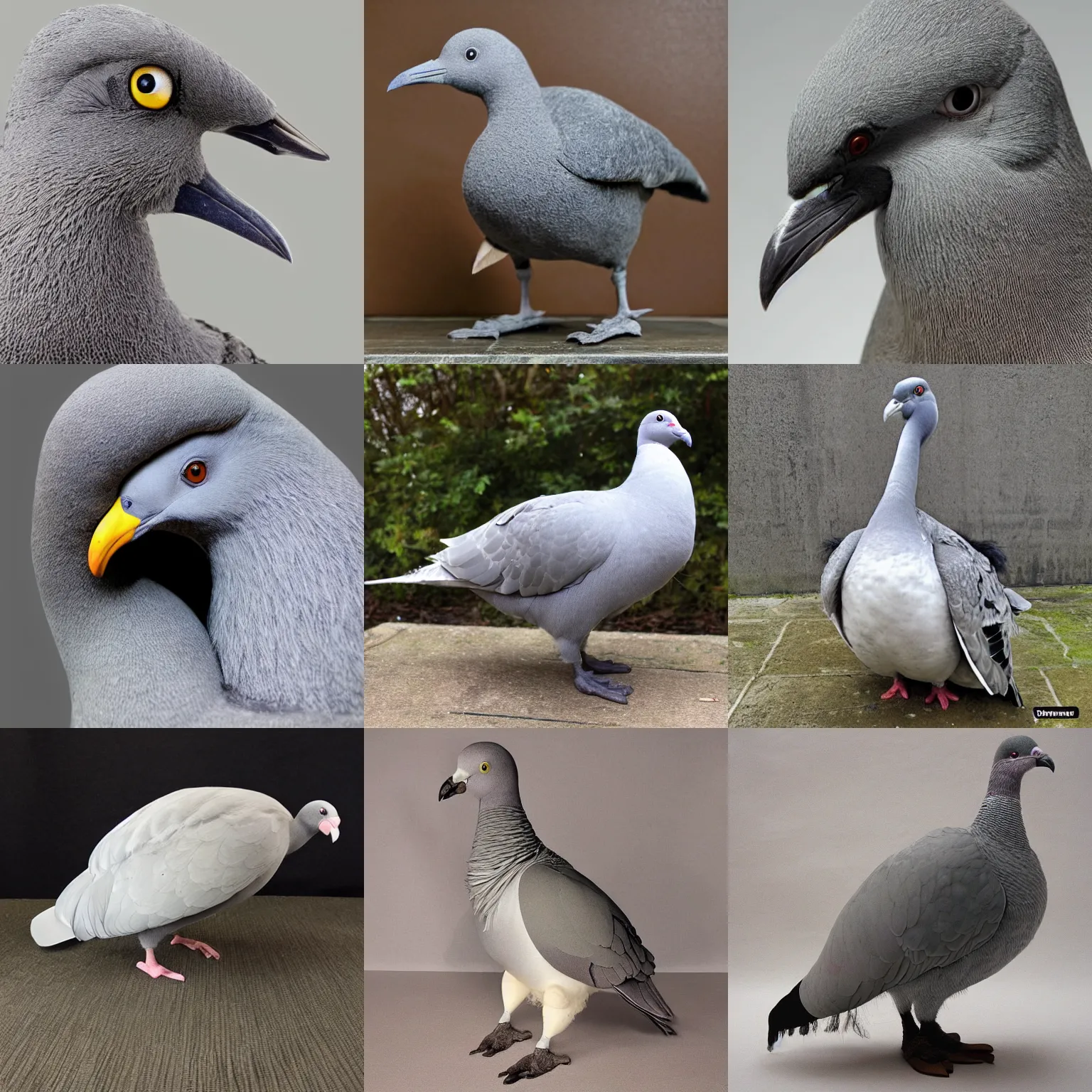 Prompt: big grey flightless pigeon with beak like a dodo, taxidermy, photorealistic