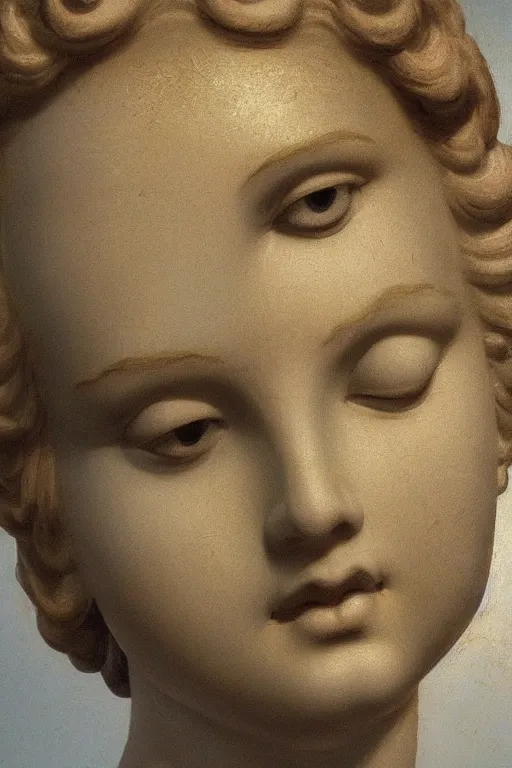 Image similar to Beautiful girl, calm face, closeup, ultra detailed, made in gold, Guido Reni style