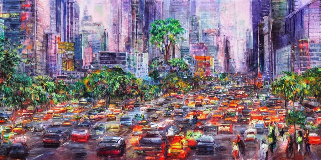 Prompt: A sprawling Urban Jungle, busy roads, crowded, traffic, pastel colors, oil painting