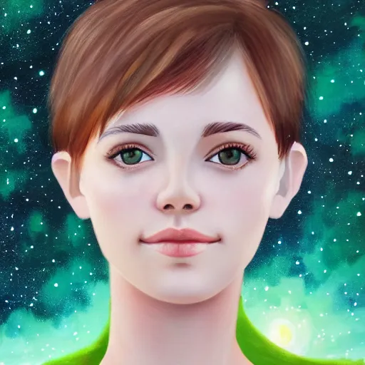 Image similar to an hd portrait photo of a cute young woman with short brown hair and green eyes, beautiful trees in the background, night sky with stars and galaxies, trending on artstation