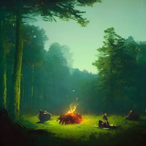 Image similar to rolling hills of the forest, campfire at night, green - blue coloured sky, art by greg rutkowski, trending on artstation, masterpiece