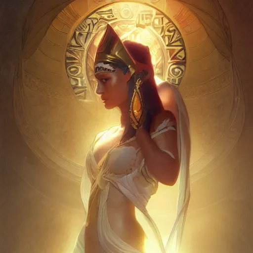 Image similar to egyptian god, gorgeous, amazing, elegant, intricate, highly detailed, digital painting, volumetric lighting, artstation, concept art, sharp focus, illustration, art by artgerm and greg rutkowski and alphonse mucha