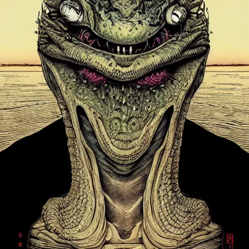 Image similar to portrait of innsmouth dweller, symmetrical, by yoichi hatakenaka, masamune shirow, josan gonzales and dan mumford, ayami kojima, takato yamamoto, barclay shaw, karol bak, yukito kishiro