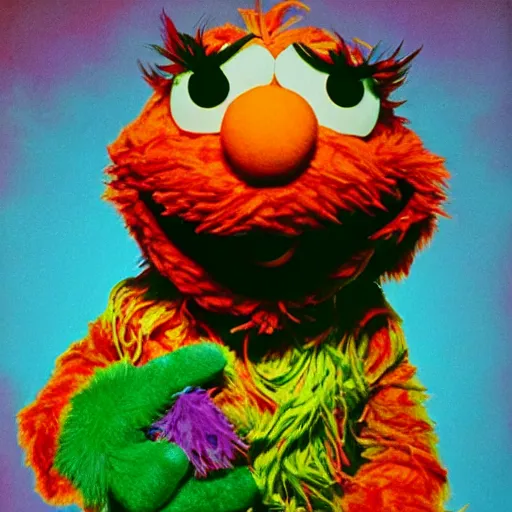 Image similar to psychadelic portrait of Elmo from Sesame Street high off of his gourd