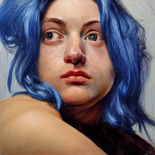 Image similar to high quality high detail painting by lucian freud, hd, blue hair beautiful girl portrait, photorealistic lighting