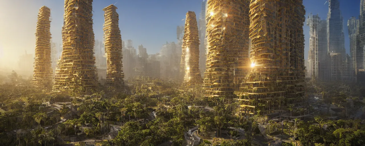 Image similar to contemporary golden babylon tower, sacred ancient architecture, hanging gardens, cascading highrise, arid mountains with lush palm forest, sunlight, post - production, octane, cgi, sfx