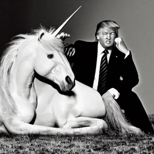 Prompt: an award winning pulitzer price analog photograph of donald trump and vladimir putin russia sitting on a unicorn. wide angle