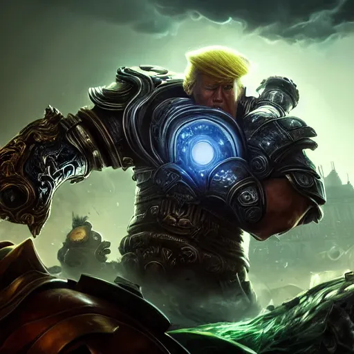 Image similar to Portrait of Trump, League of Legends amazing splashscreen artwork, Gears of War, splash art,natural light, elegant, photorealistic facial features, intricate, fantasy, detailed face, atmospheric lighting, anamorphic lens flare, cinematic lighting, league of legends splash art, hd wallpaper, ultra high details by Greg rutkowski