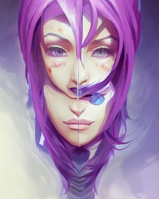 Image similar to beautiful female purple hair tattoo symmetrical happy face stunning eyes full length fantasy art icon, 2d art cover , official fanart behance hd artstation by Jesper Ejsing, by RHADS, Makoto Shinkai and Lois van baarle, ilya kuvshinov, rossdraws