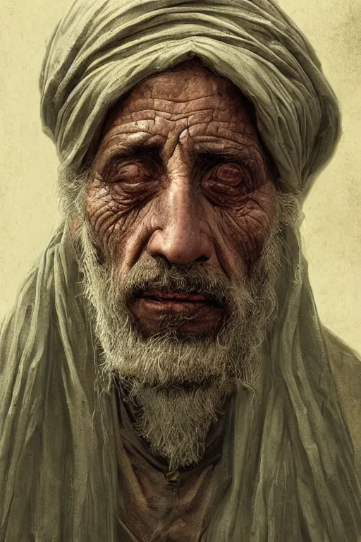 Prompt: portrait, headshot, digital painting, of a 15th century, beautiful, old aged, middle eastern, wrinkles, wicked, desert merchant man, dark hair, amber jewels, baroque, ornate dark green clothing, scifi, futuristic, realistic, hyperdetailed, concept art, chiaroscuro, side lighting, art by waterhouse