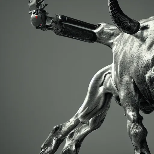 Image similar to a cyborg ( bull ) modeled after a bull looking into the camera, android, cyborg, half body, intricate, 3 d, hyper realism, fantasy, depth of field, octane render, symmetrical, highly detailed, digital art, artstation, concept art, cinematic lighting, trending