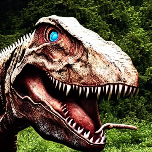 A fake t - rex with its mouth open next to a tree. Rex dino t rex. - PICRYL  - Public Domain Media Search Engine Public Domain Search