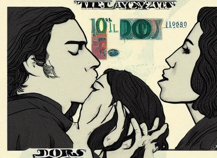 Image similar to reylo kissing, american dollar bill, rey and kylo ren