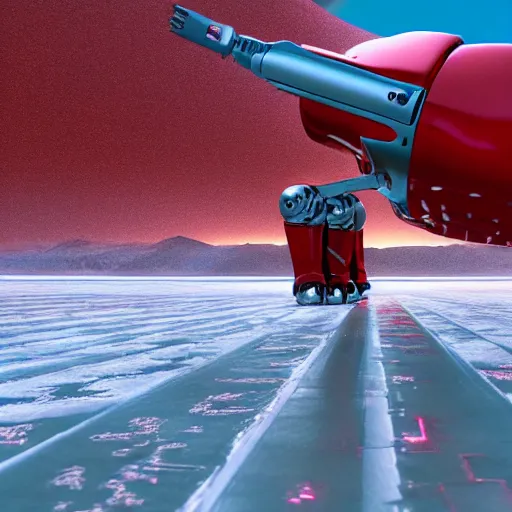 Image similar to a very, very, very, very, very, very, big, giant shiny robot made out of red retro refrigerators walking on an icy salt flats, dark mountains in the distance, octane render, unreal engine, sharp, daylight, shiny, shiny, shiny, trending in artstation, highly detailed, 4K UHD