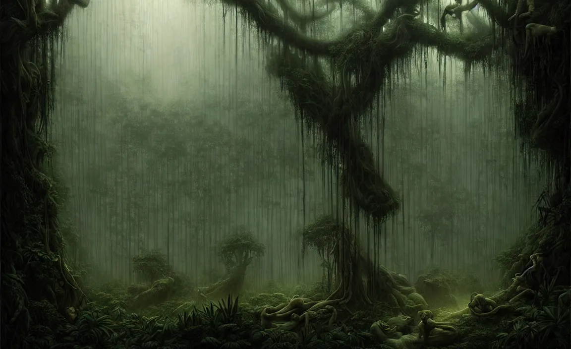 Image similar to epic professional digital art of jungle, faint greenish moody atmospheric lighting, painted, intricate, detailed, detailed, foreboding, by leesha hannigan, wayne haag, reyna rochin, ignacio fernandez rios, mark ryden, iris van herpen,, epic, stunning, gorgeous, much wow, cinematic, masterpiece.