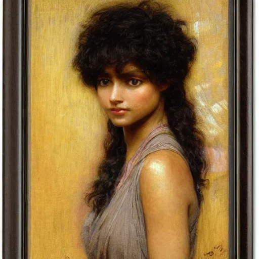 Prompt: bangs, curly black hair woman with brown skin portrait by john william waterhouse and Edwin Longsden Long and Theodore Ralli and gaston bussiere. Cinematic, hyper realism, dramatic lighting, high detail 8k