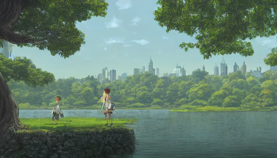 Image similar to new york city with a lake, beautiful ancient trees, hiding large treasure chest, serene evening atmosphere, soft lens, soft light, cel - shading, animation, in the style of cgsociety, deviantart, artstation, zbrush, cinema 4 d, studio ghibli, akihiko yoshida, atelier lulua, masamune shirow