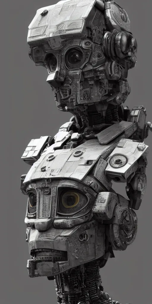 Image similar to a still from chappie by ash thorpe - 3 d portrait of a futuristic machine face, intricate, elegant, highly detailed, 3 d digital, cg society, artstation, octane render, sharp focus, f 2. 8 depth of field, 8 k,