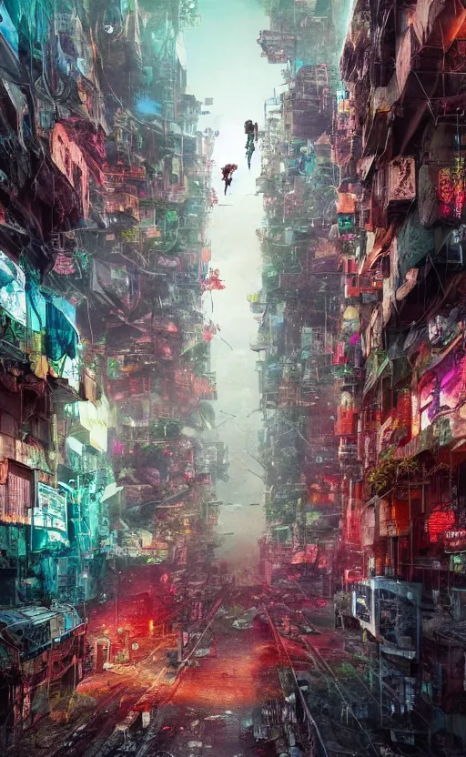 Image similar to award winning Photography of a decaying city in the sky, cyberpunk, midsommar, full of color,