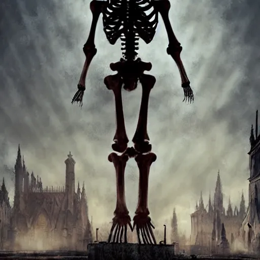 Image similar to full body pose monster skeleton flesh, scary, terrifying, volumetric lighting, gothic church on background, red glow, by greg rutkowski and ivan shishkin
