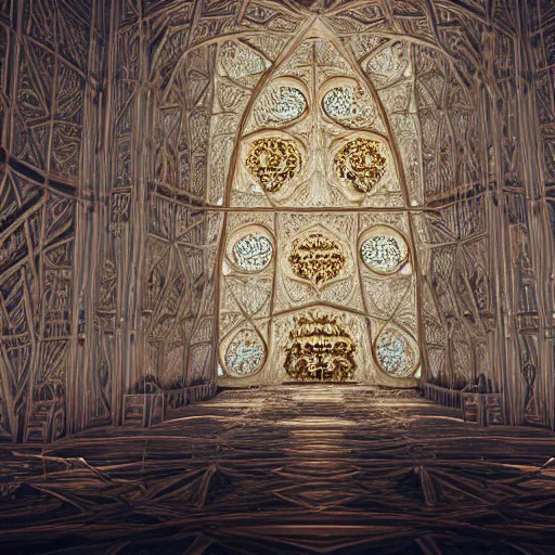 Prompt: a 3 d painting of a massive sprawling fractal cathedral interior populated by mandelbrot fractals, unreal engine, carved soap, white, volumetric lighting, hyperrealistic, octane render, glowing, carved marble, opalescent, carved wood, depth of field, sacred geometry, religious, angelic, catholicpunk, photorealism, 8 k, ultra detailed